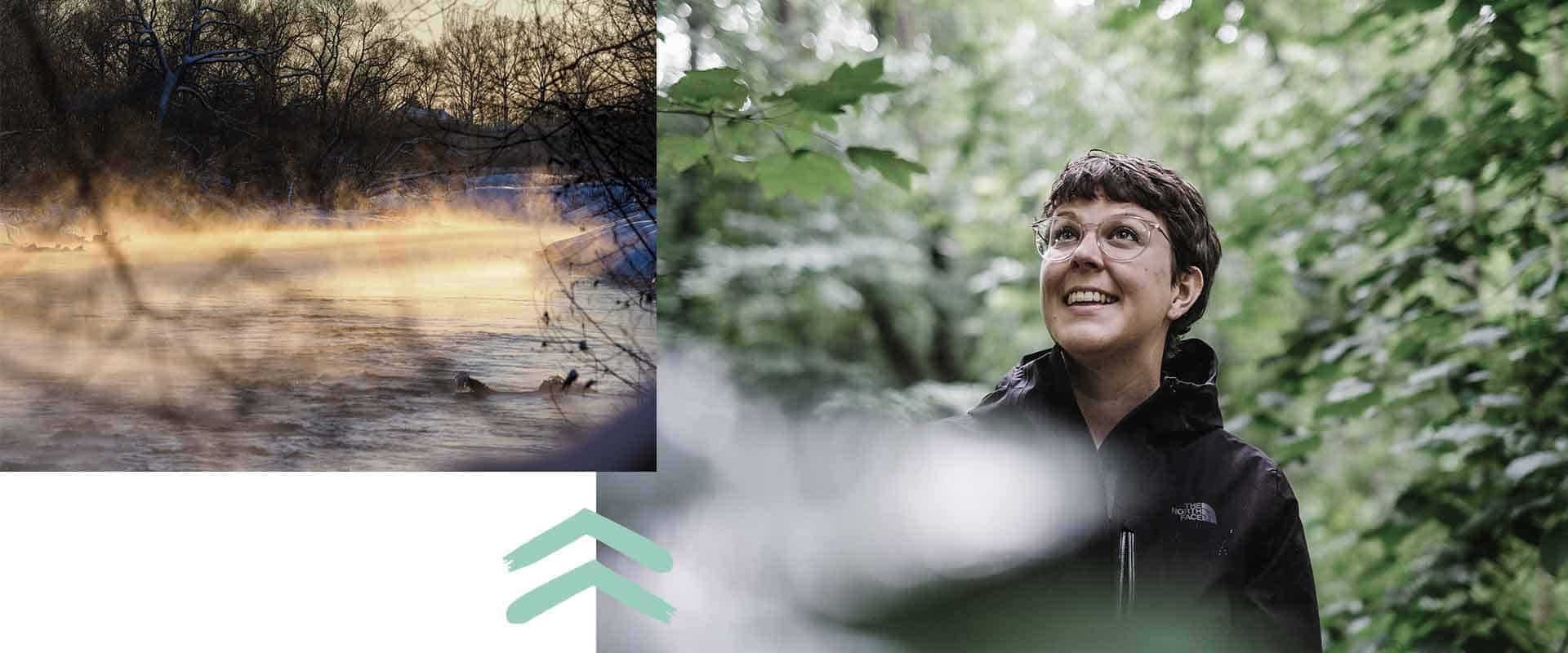 Tages-Retreat "Waldzauber – Ein Tag für dich" am Sonntag, 24. November 2024. Stimmungsbilder: die nebelige Mangfall und Daniela Wagner im Wald