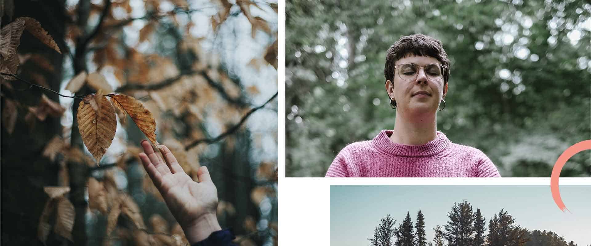 Einladung zum Tages-Retreat "Waldzauber – Ein Tag für dich". Stimmungsbilder: Ein Laubblatt, Daniela Wagner bei der Meditation, Baumspitzen