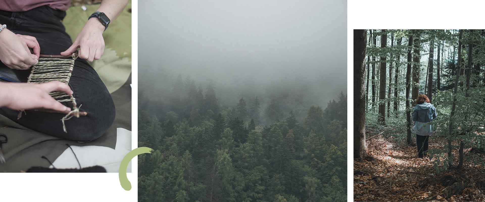 Tages-Retreat "Waldzauber – Ein Tag für dich" im November 2024. Stimmungsbilder: Kreatives Arbeiten im Wald, nebeliger Wald und eine Frau die im Wald geht